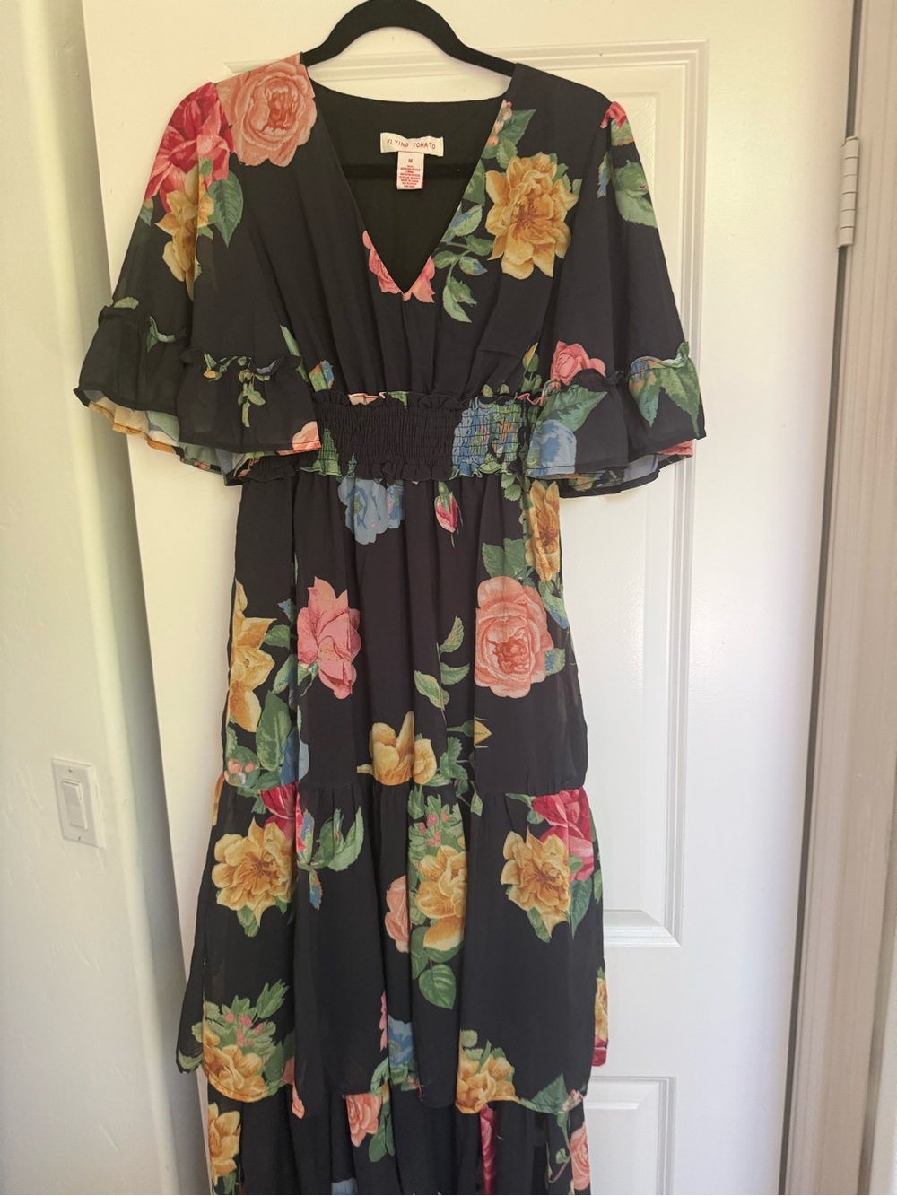 Flying Tomato : Floral Flutter Sleeve Dress - Black with Multi-Color Roses